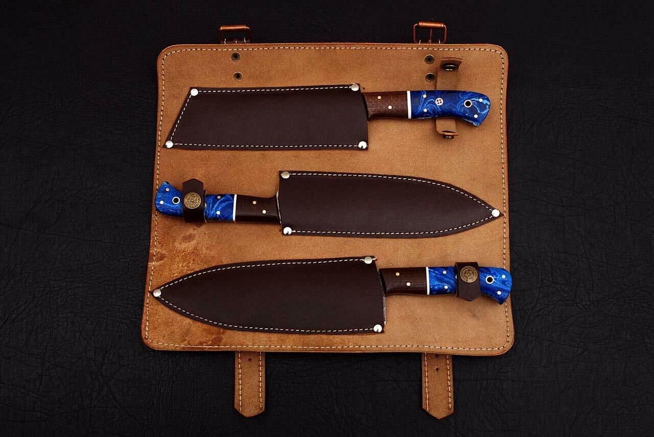 CUSTOM HANDMADE DAMASCUS STEEL 3 PIECES CHEF KNIVES SET WITH LEATHER KIT