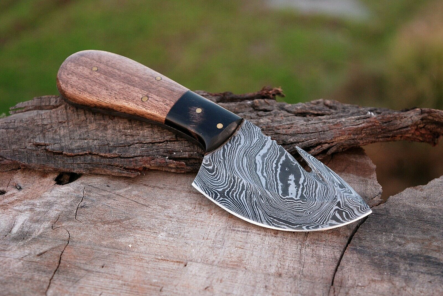 CUSTOM HANDMADE DAMASCUS GUTHOOK HUNTING KNIFE HANDLE Guard Buffalo horn  OLIVE WOOD
