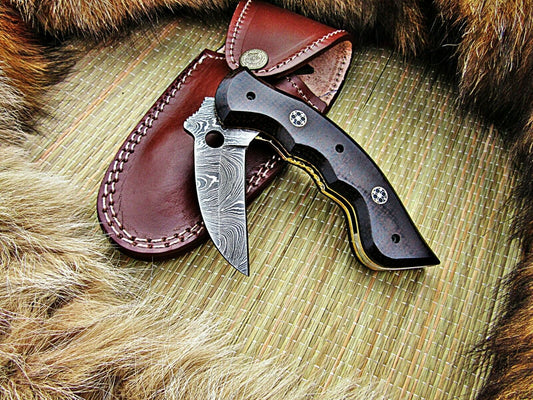CUSTOM HANDMADE DAMASCUS POCKET KNIFE WITH LEATHER SHEATH