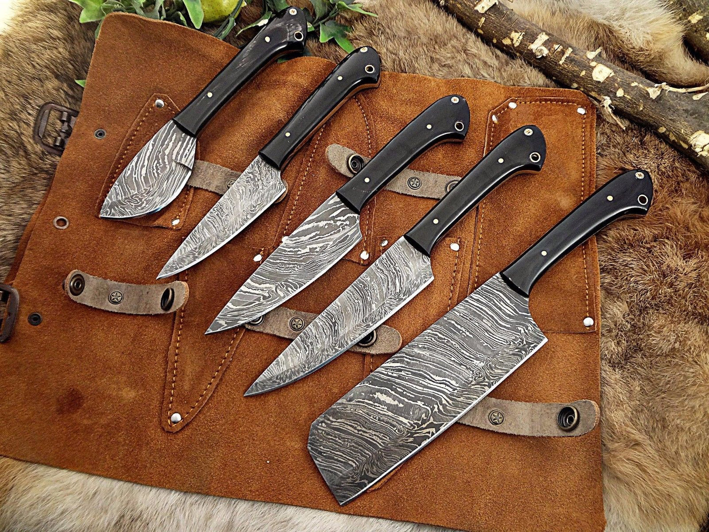 5 piece Kitchen knife set, full tang hand forged Damascus steel, Leather sheath - NB CUTLERY LTD