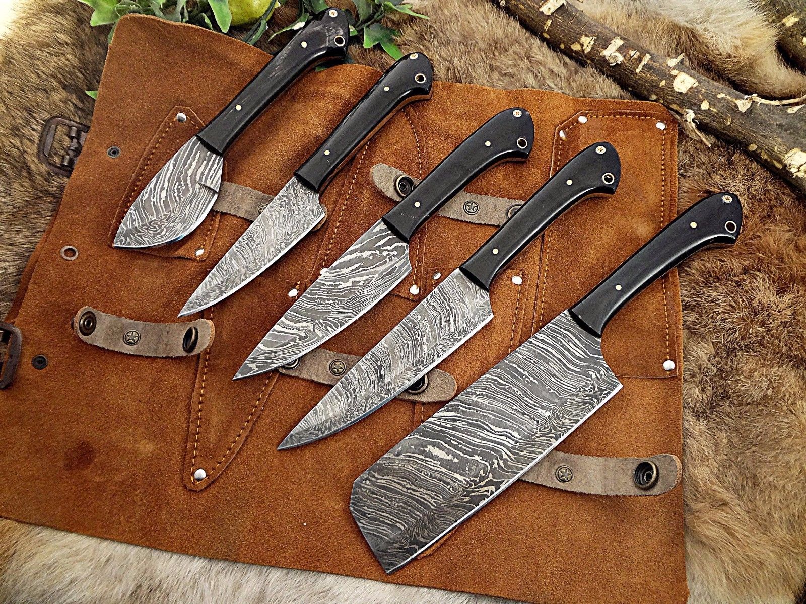 5 piece Kitchen knife set, full tang hand forged Damascus steel, Leather sheath - NB CUTLERY LTD