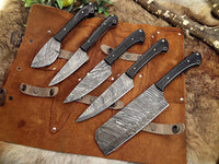 5 piece Kitchen knife set, full tang hand forged Damascus steel, Leather sheath - NB CUTLERY LTD