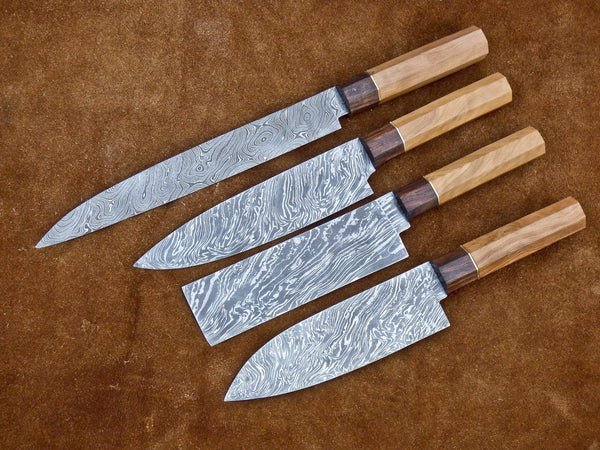 CUSTOM HANDMADE SET OF 4 KITCHEN CHEF KNIVES DAMASCUS STEEL WALNUT AND ROSE WOOD