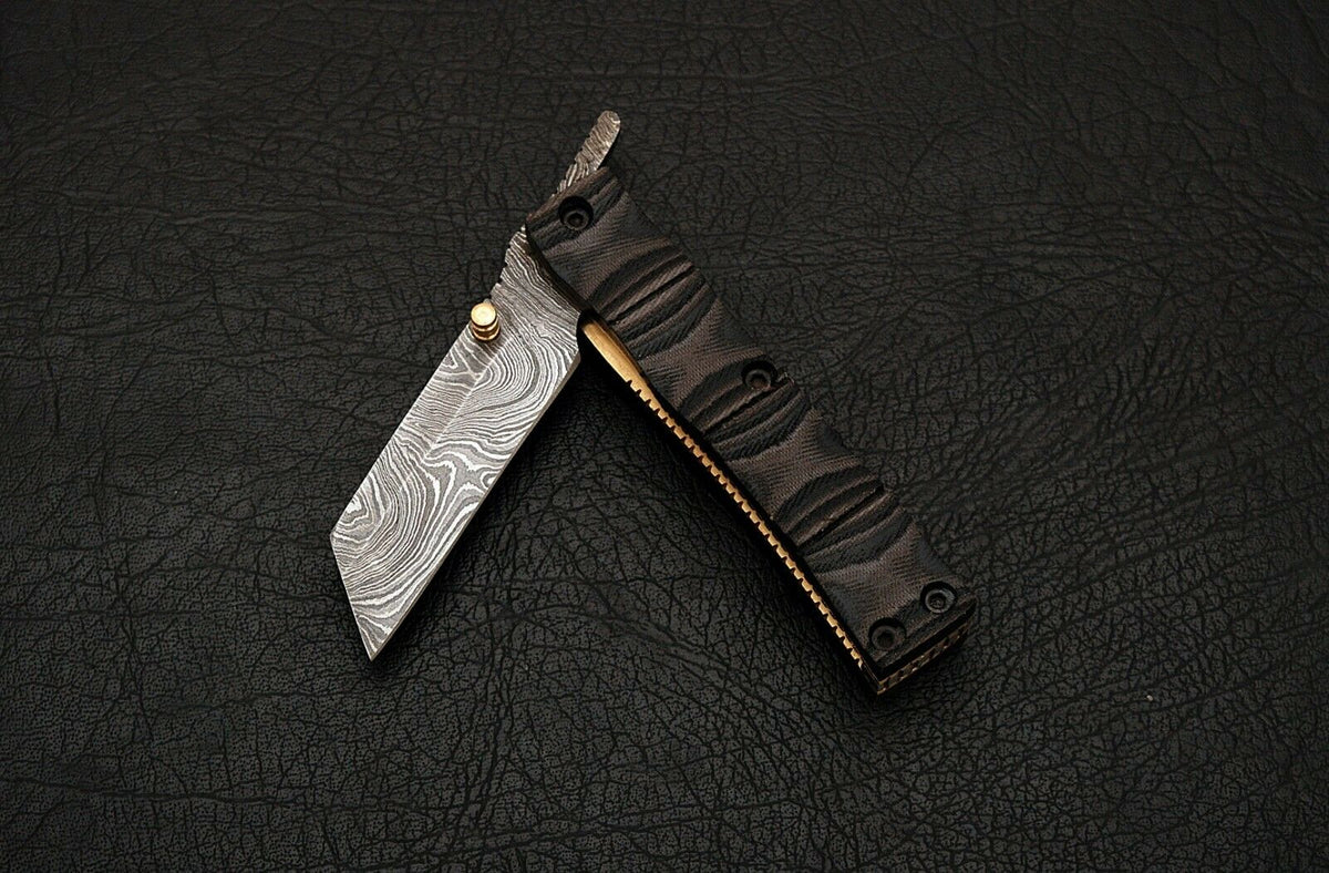CUSTOM HANDMADE DAMASCUS FOLDING KNIFE WITH LEATHER SHEATH
