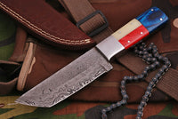 CUSTOM HANDMADE DAMASCUS TANTO BLADE HUNTING KNIFE HANDLE CAMEL BONE AND HARDWOOD