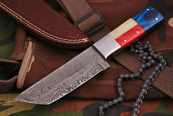 CUSTOM HANDMADE DAMASCUS TANTO BLADE HUNTING KNIFE HANDLE CAMEL BONE AND HARDWOOD