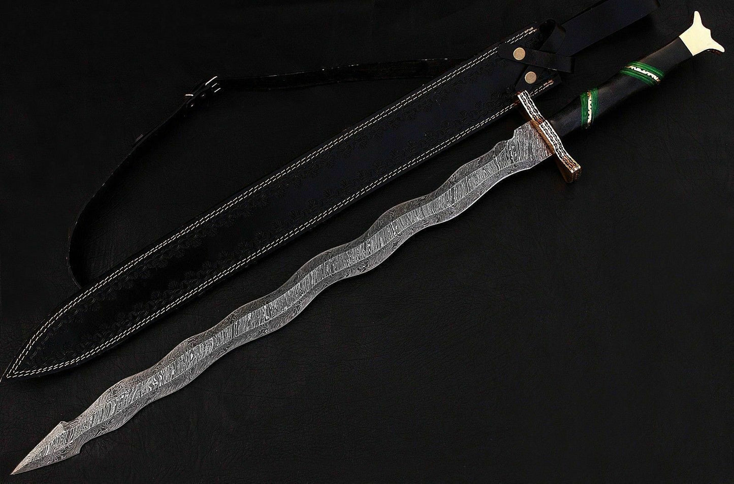CUSTOM HANDMADE DAMASCUS STEEL SWORD WITH LEATHER SHEATH