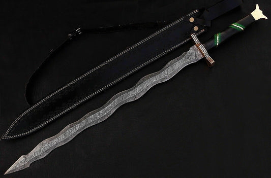CUSTOM HANDMADE DAMASCUS STEEL SWORD WITH LEATHER SHEATH