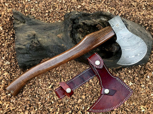 Custom Handmade Damascus Steel Axe Handle Rosewood With Leather Sheath Premium Forged Steel Axe Compact Backpacking Axe Durable Bushcraft Hatchets