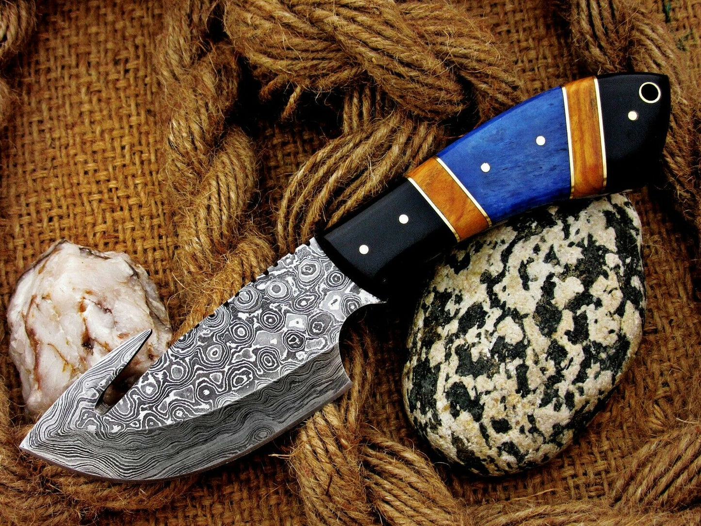 |NB KNIVES| CUSTOM HANDMADE DAMASCUS GUTHOOK HUNTING KNIFE Handle Material , horn ,olivewood,colored bone