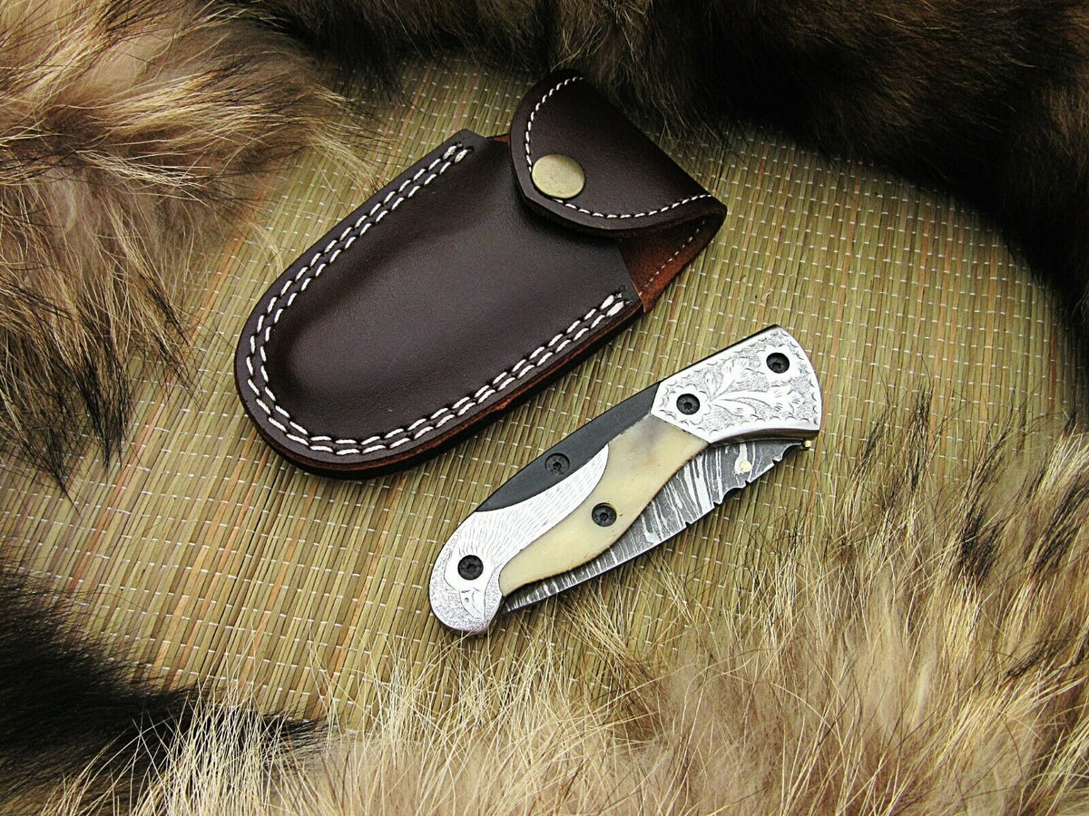 CUSTOM HANDMADE DAMASCUS POCKET KNIFE WITH LEATHER SHEATH