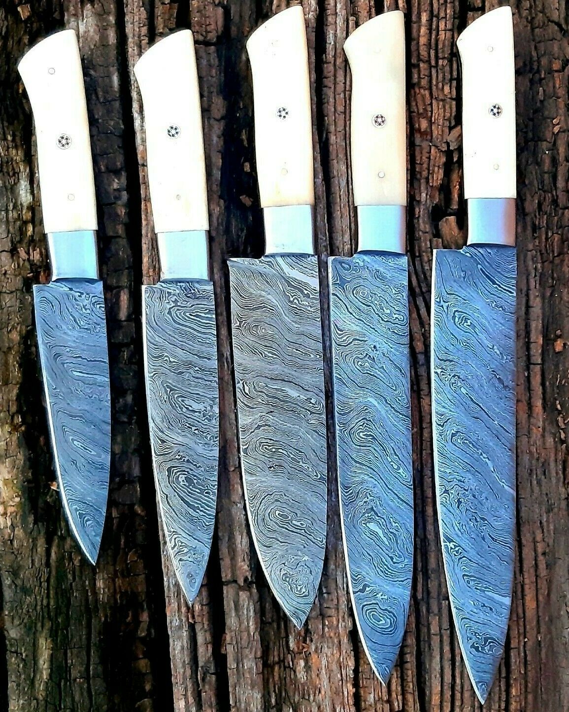 CUSTOM HANDMADE DAMASCUS 5 PCS CHEF SET WITH LEATHER ROLL KIT