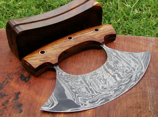 CUSTOM HANDMADE DAMASCUS ULU KNIFE WITH LEATHER SHEATH
