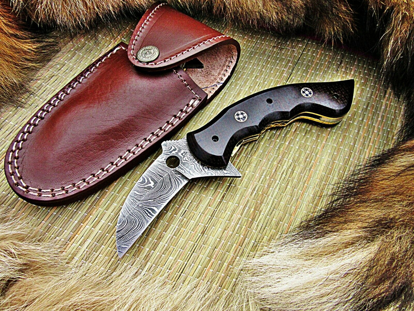 CUSTOM HANDMADE DAMASCUS POCKET KNIFE WITH LEATHER SHEATH