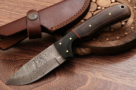 Handmade Damascus Steel Skinner Knife – Micarta Handle with Leather Sheath