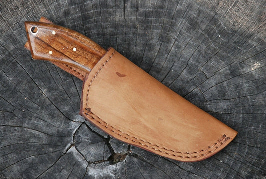 Walnut Wood Handle Handmade Damascus Guthook Knife with Leather Sheath
