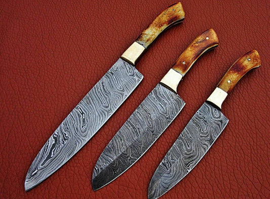 Handmade Damascus Steel 3-Piece Chef Knife Set | Fired Camel Bone Handle | Leather Sheath