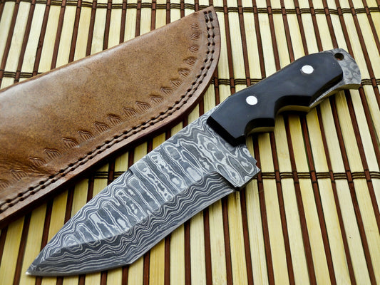 CUSTOM HANDMADE DAMASCUS TRACKER KNIFE WITH LEATHER SHEATH