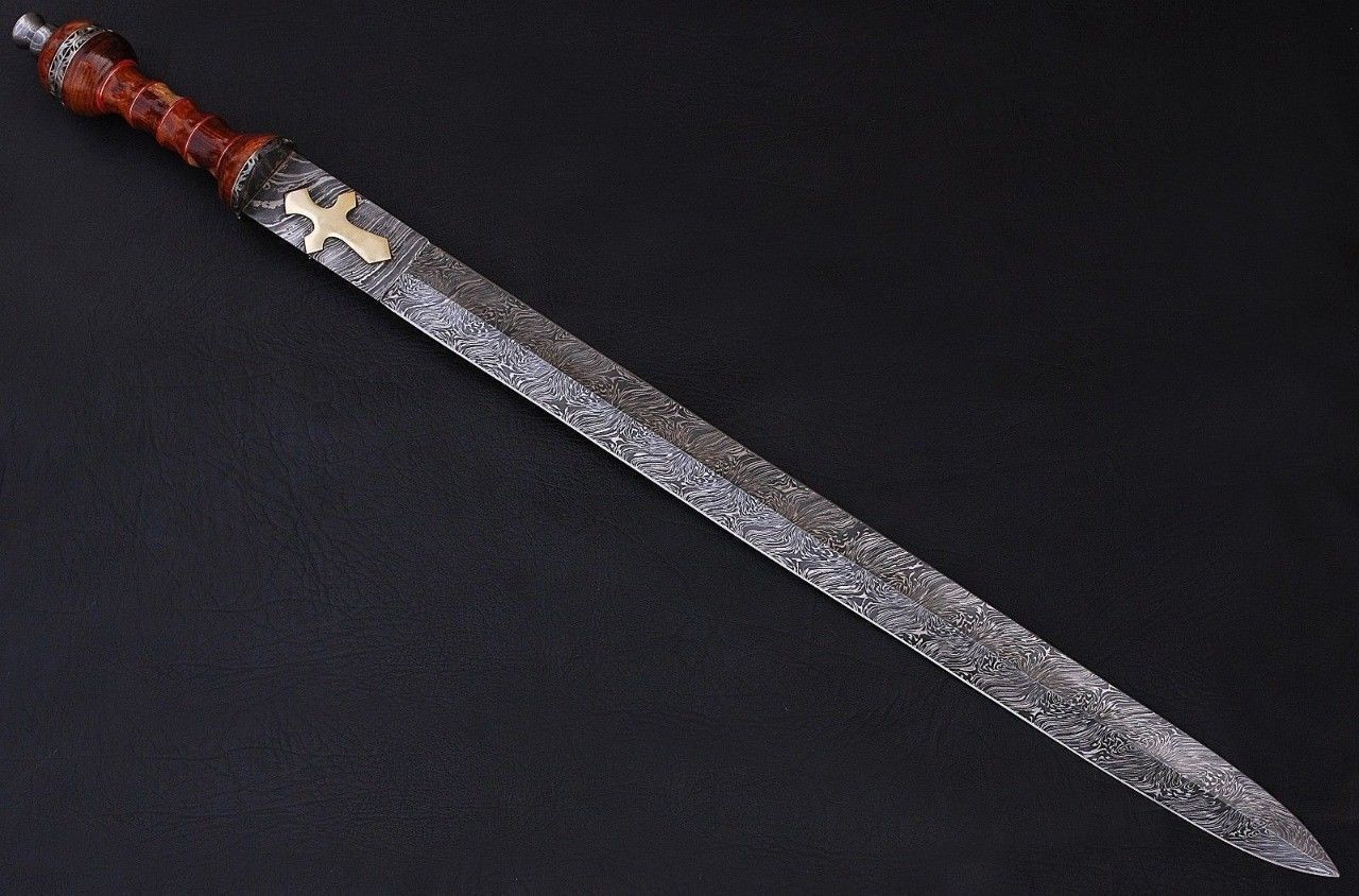 CUSTOM HANDMADE DAMASCUS STEEL SWORD WITH LEATHER SHEATH