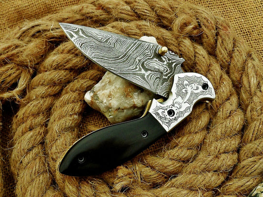 CUSTOM HANDMADE DAMASCUS FOLDING KNIFE WITH LEATHER SHEATH