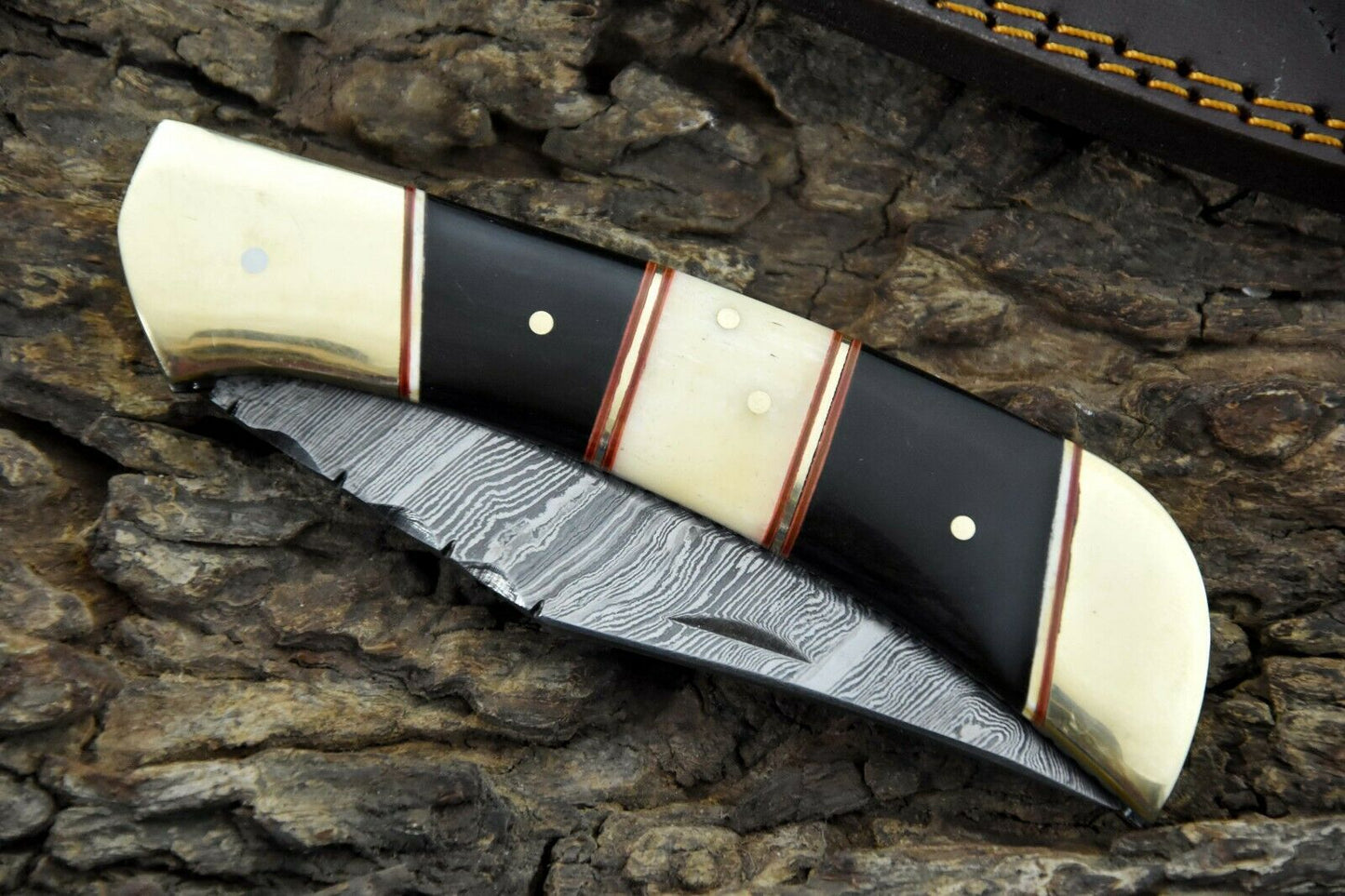 Damascus Steel Pocket Knife Featuring Camel Bone & Black Horn Handle