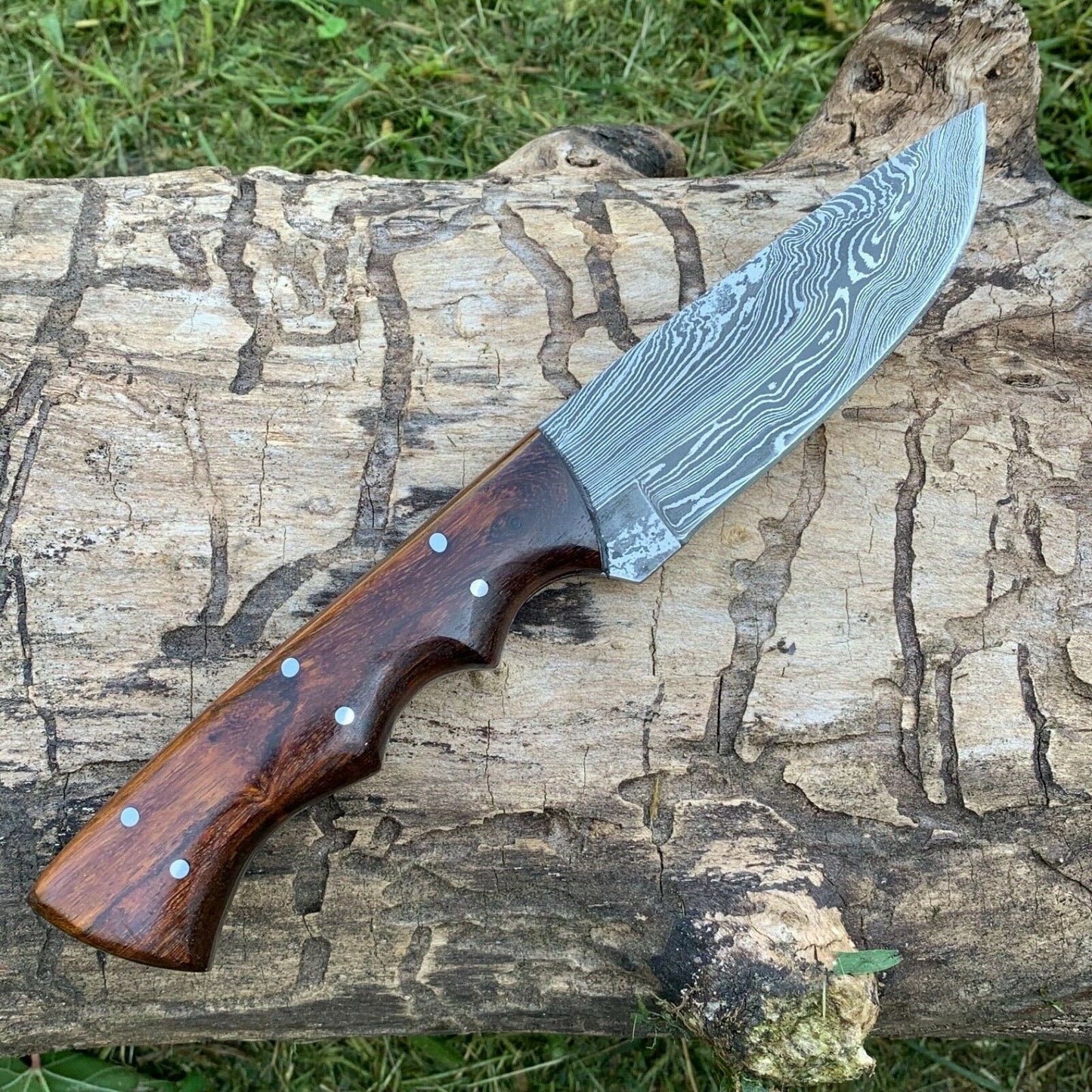 CUSTOM HANDMADE DAMASCUS STEEL HUNTING KNIFE HANDLE ROSE WOOD