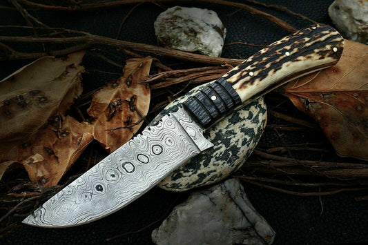 Custom Handmade Damascus Steel Stag Horn Hunting Knife & Leather Sheath