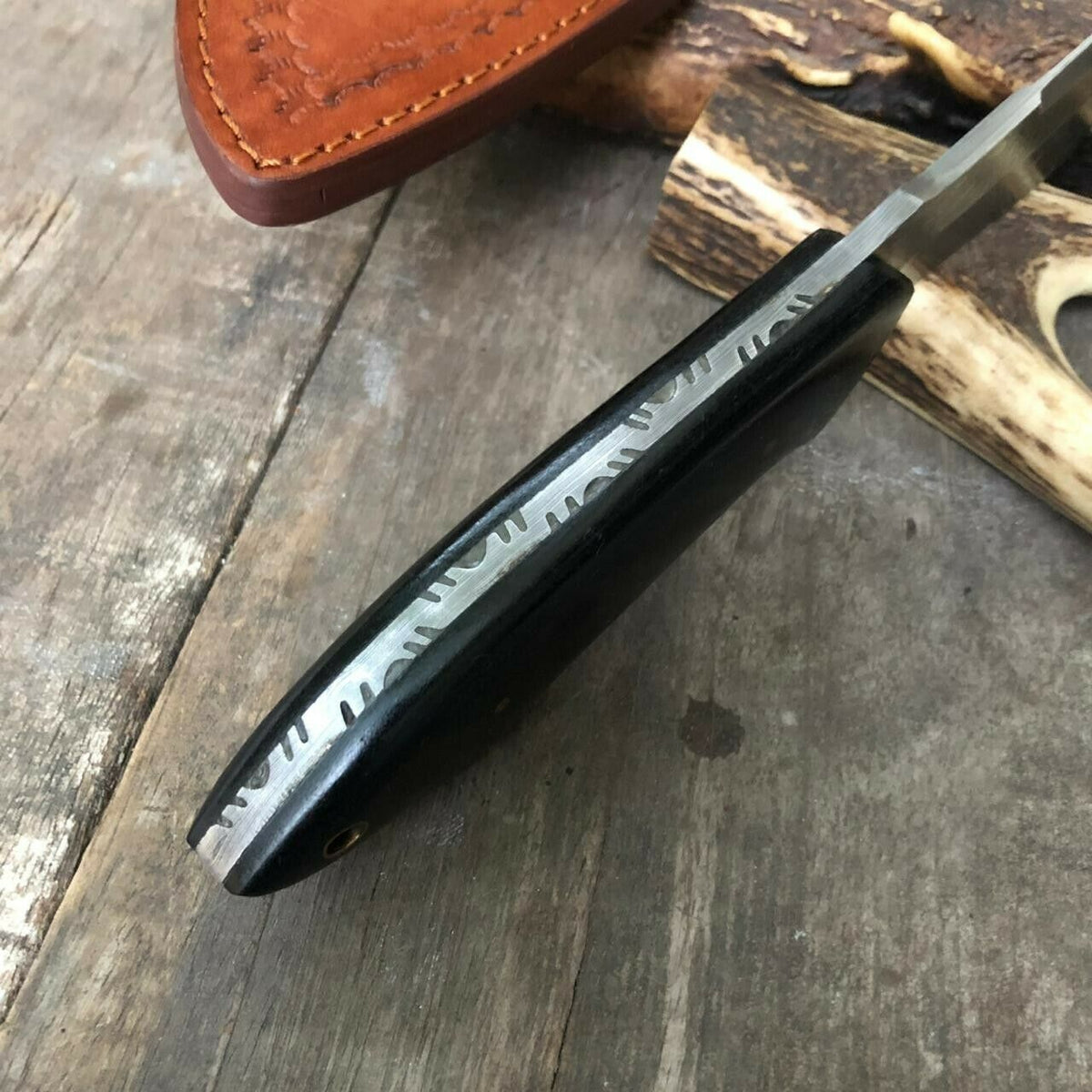 Custom Handmade Damascus Hunting Knife with Black Micarta Handle & Leather Sheath