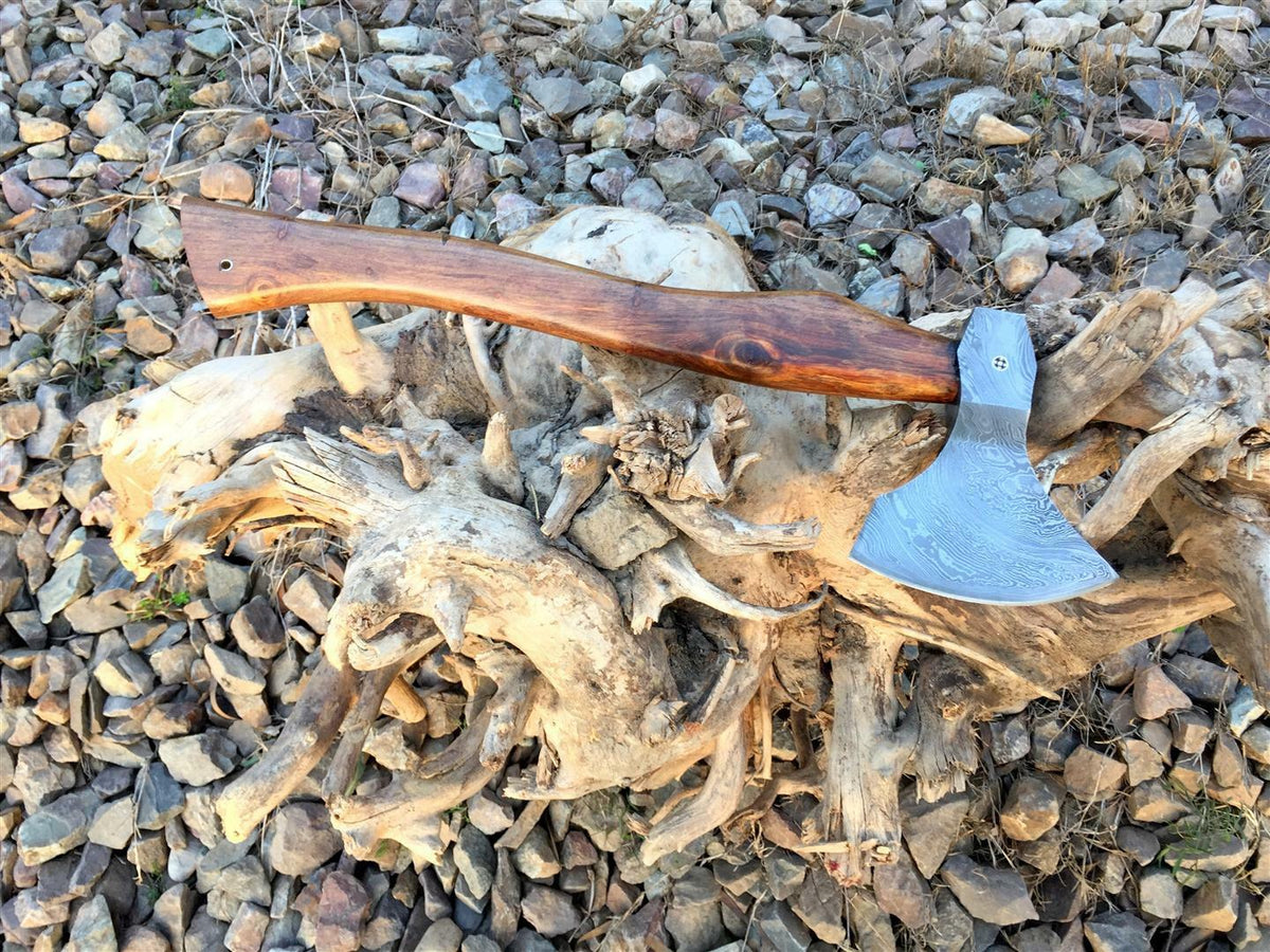 CUSTOM MADE 19"LONG DAMASCUS STEEL AXE TOMAHAWK HATCHET ROSEWOOD HANDLE