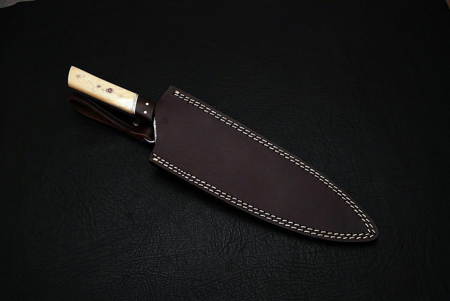CUSTOM HANDMADE DAMASCUS CHEF KNIFE WITH LEATHER SHEATH