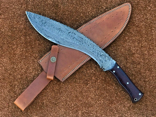 CUSTOM HANDMADE DAMASCUS KUKRI KNIFE WITH LEATHER SHEATH