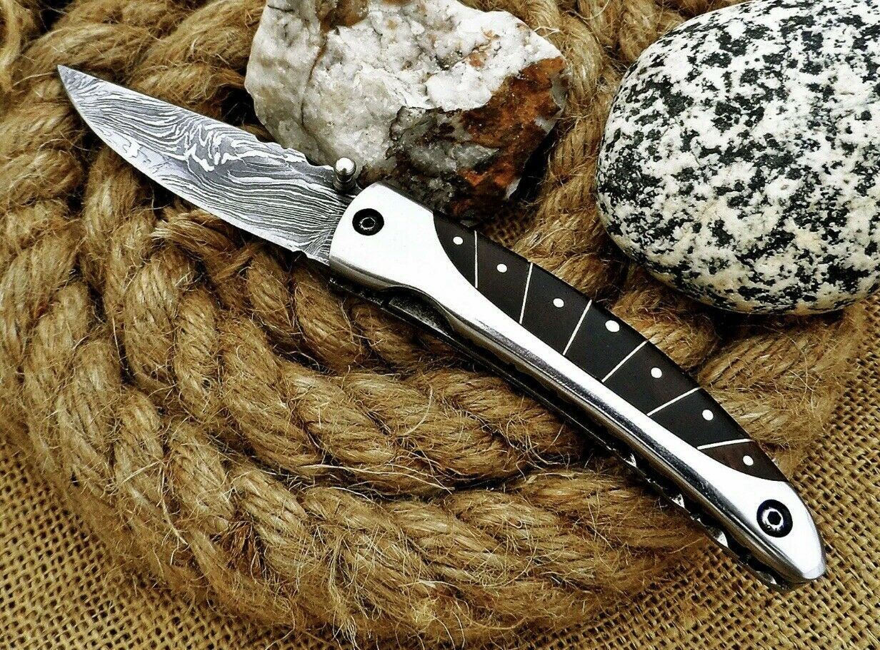 CUSTOM HANDMADE DAMASCUS STEEL FOLDING KNIFE WITH LEATHER SHEATH