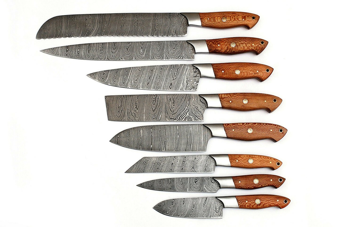 Handmade Damascus Steel 8-Piece Chef Knife Set | Chinar Wood & Brass Pin