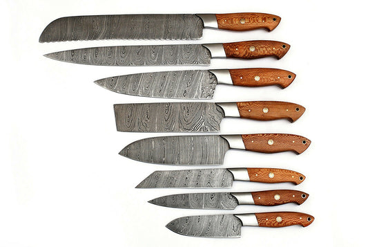 Handmade Damascus Steel 8-Piece Chef Knife Set | Chinar Wood & Brass Pin