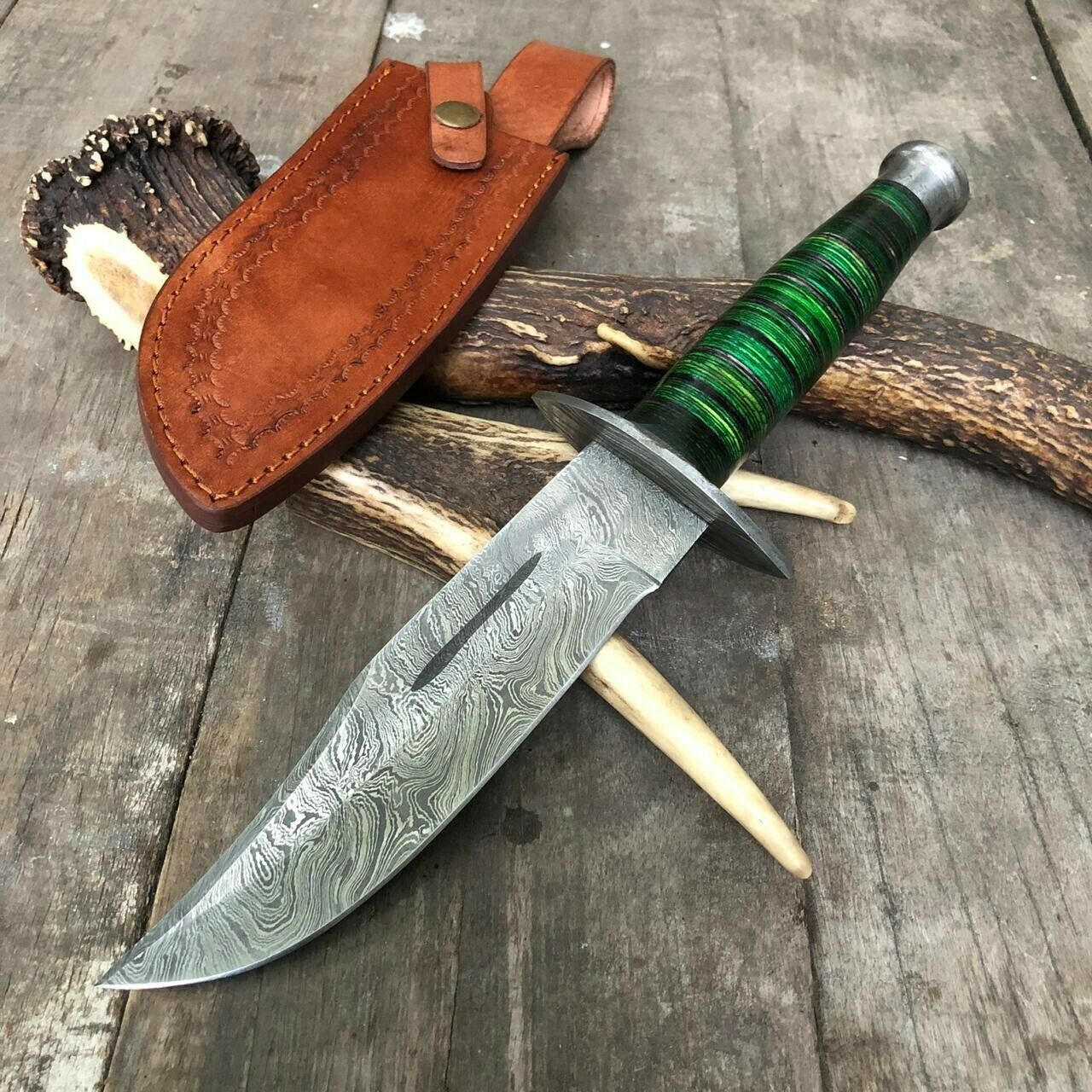 |NB KNIVES| CUSTOM HANDMADE DAMASCUS HUNTING KNIFE WITH LEATHER SHEATH