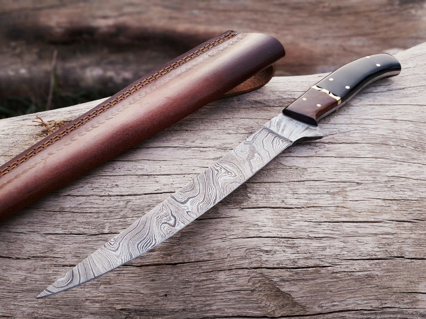 CUSTOM HANDMADE DAMASCUS FISHING FILLET KNIFE WITH LEATHER SHEATH