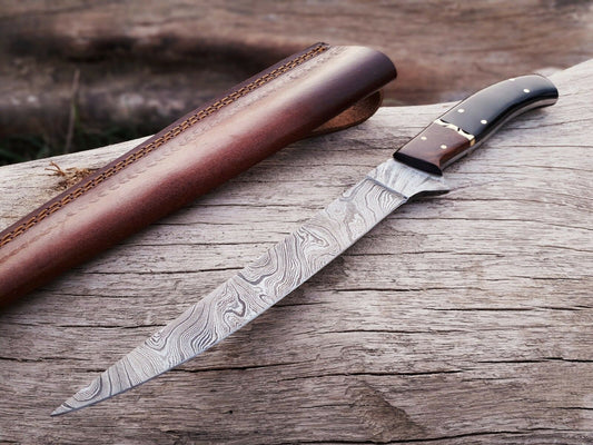 CUSTOM HANDMADE DAMASCUS FISHING FILLET KNIFE WITH LEATHER SHEATH