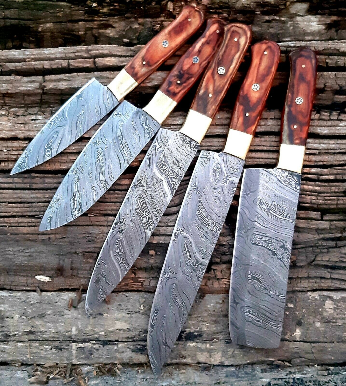|NB KNIVES| CUSTOM HANDMADE DAMASCUS 5 PCS CHEF SET WITH LEATHER ROLL KIT