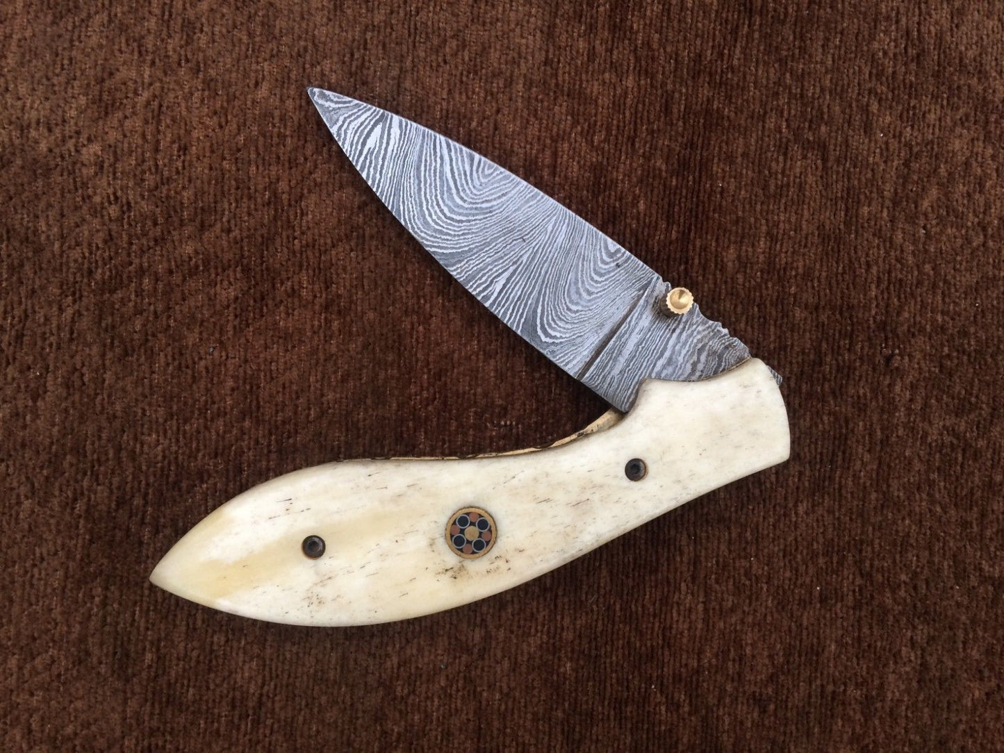 CUSTOM HANDMADE DAMASCUS POCKET KNIFE WITH LEATHER SHEATH