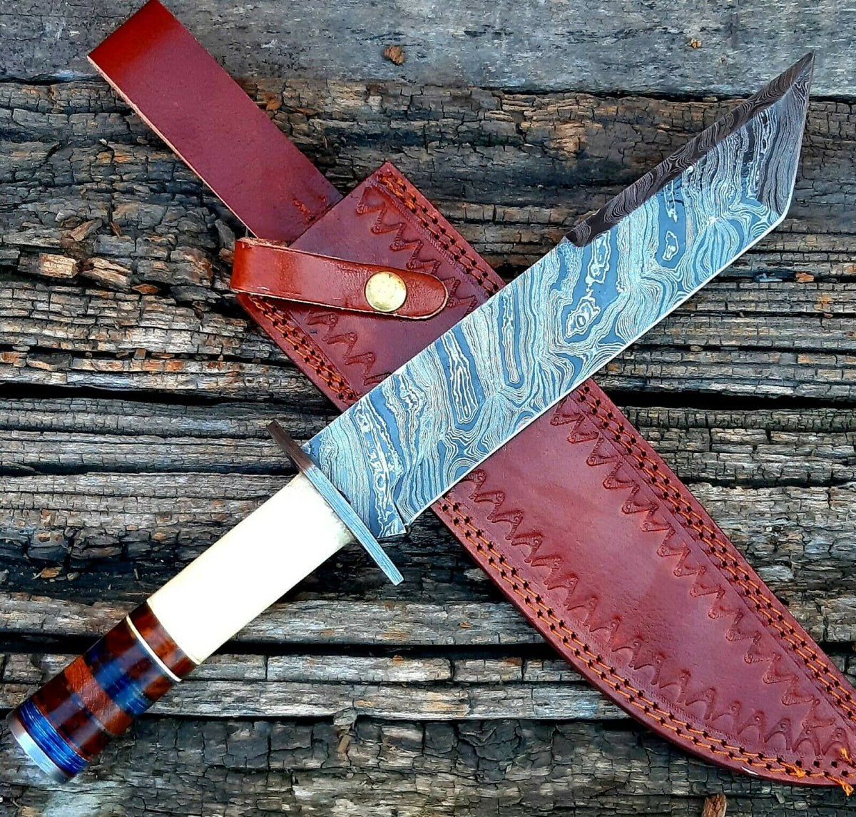 |NB KNIVES| CUSTOM HANDMADE DAMASCUS STEEL TANTO BLADE KNIFE WITH LEATHER SHEATH