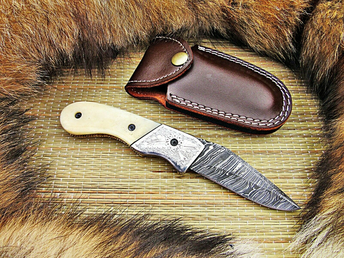CUSTOM HANDMADE DAMASCUS FOLDING KNIFE WITH LEATHER SHEATH