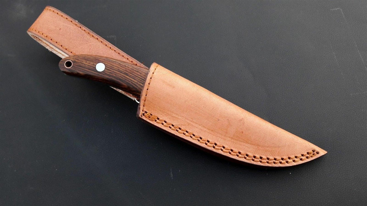 Handmade D2 Steel Skinner Knife with Rosewood Handle & Leather Sheath