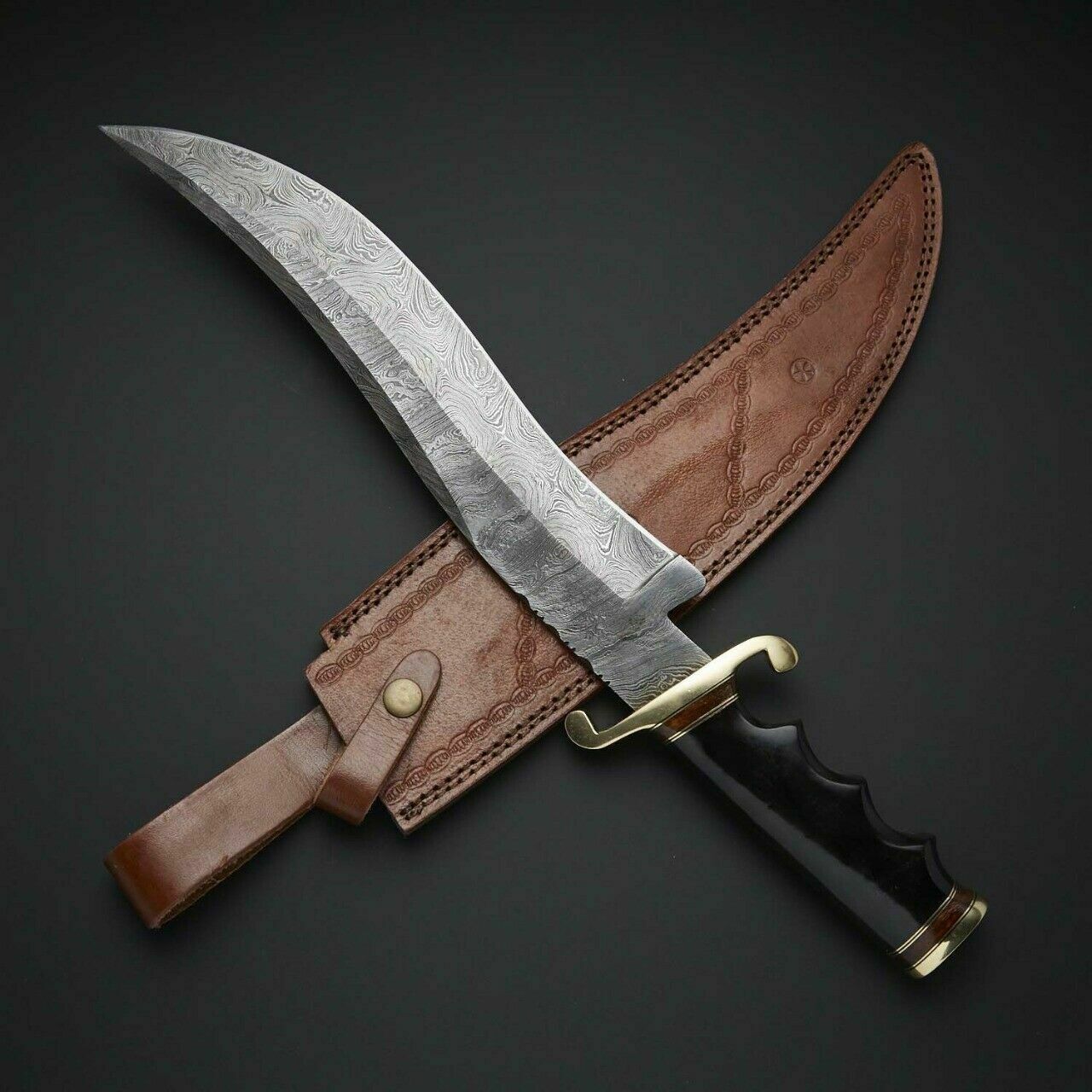 CUSTOM HANDMADE DAMASCUS HUNTING KNIFE WITH LEATHER SHEATH