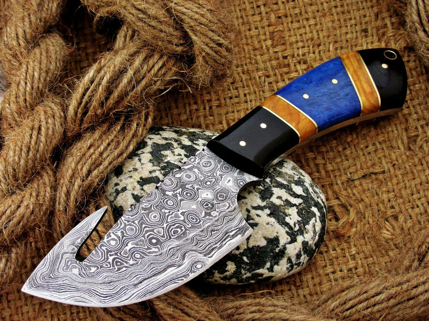 |NB KNIVES| CUSTOM HANDMADE DAMASCUS GUTHOOK HUNTING KNIFE Handle Material , horn ,olivewood,colored bone