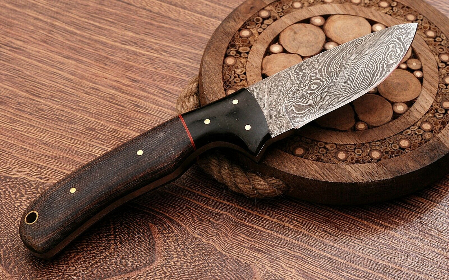 Handmade Damascus Steel Skinner Knife – Micarta Handle with Leather Sheath