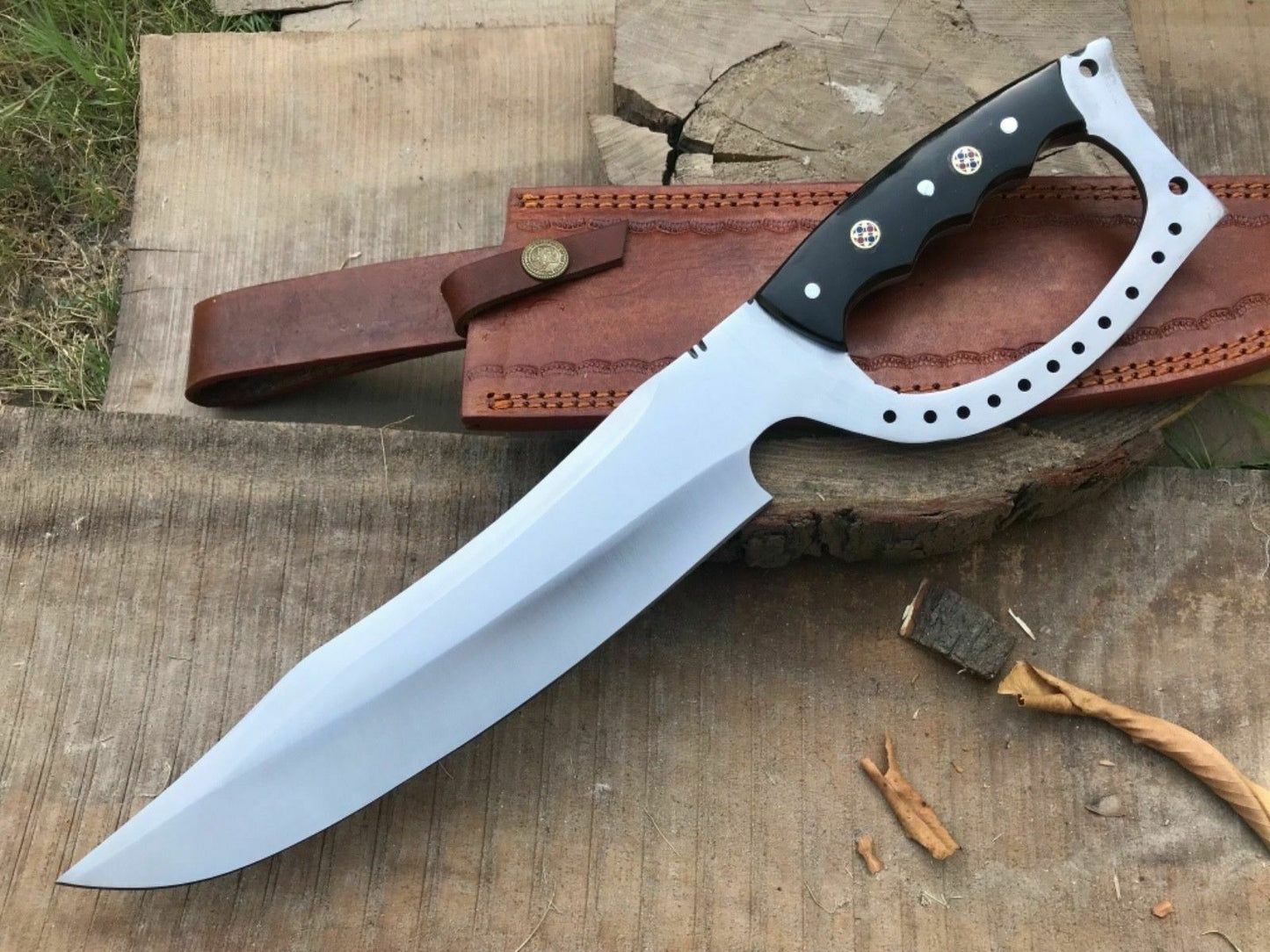 CUSTOM HANDMADE D2 STEEL HUNTING KNIFE WITH LEATHER SHEATH