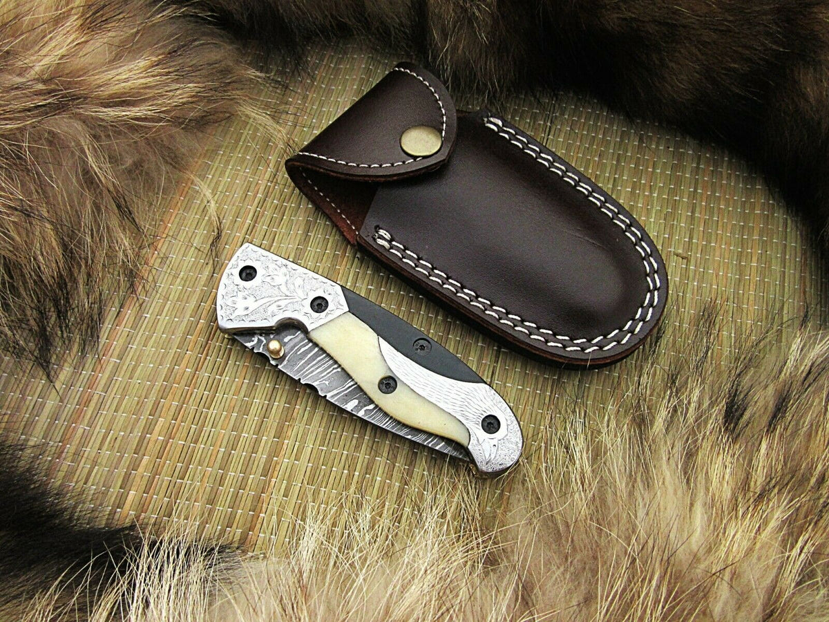 CUSTOM HANDMADE DAMASCUS POCKET KNIFE WITH LEATHER SHEATH