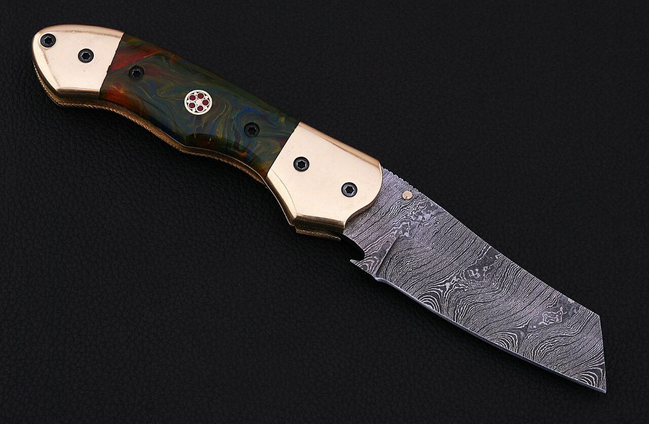 CUSTOM HAND MADE DAMASCUS POCKET KNIFE WITH LEATHER SHEATH