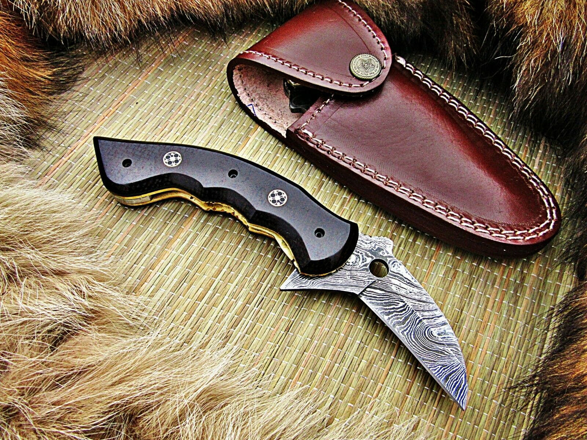 CUSTOM HANDMADE DAMASCUS POCKET KNIFE WITH LEATHER SHEATH – NB CUTLERY LTD