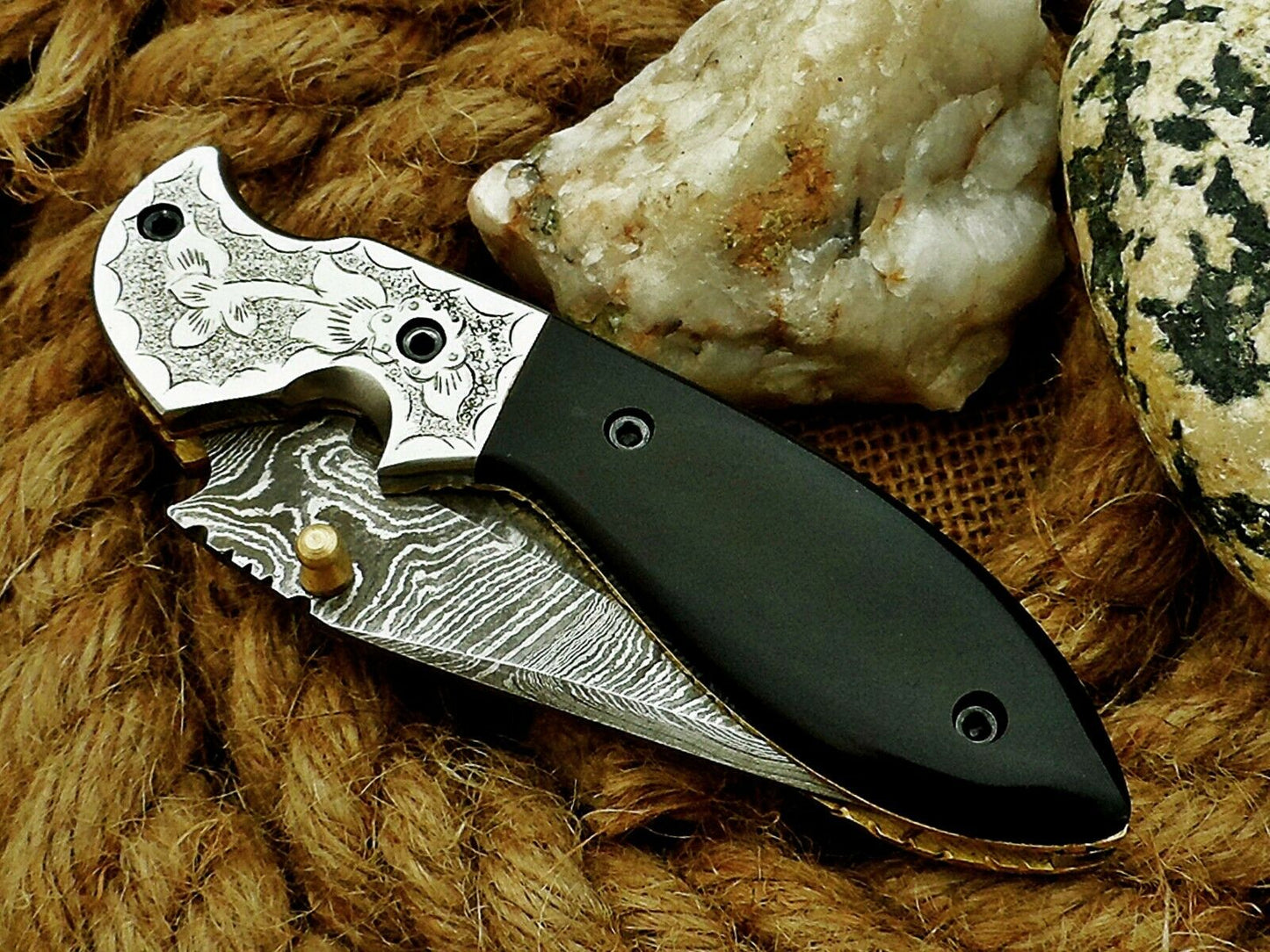 CUSTOM HANDMADE DAMASCUS FOLDING KNIFE WITH LEATHER SHEATH